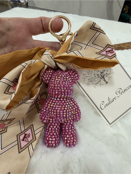 Couture Princess Accessories - Pink Crystal Teddy Keychain with Gold Hardware Patterned Scarf bag charm clip